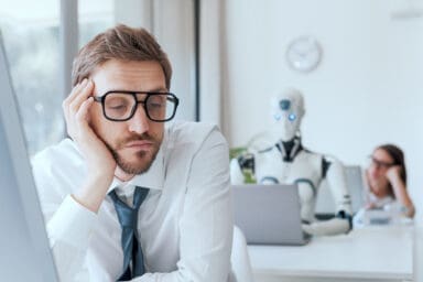Hombre de negocios con gafas y corbata apoyando la cabeza con expresiรณn de aburrimiento frente a su ordenador; al fondo, un robot humanoide con luces azules en los ojos y una compaรฑera tambiรฉn con gesto de cansancio en un entorno de oficina.