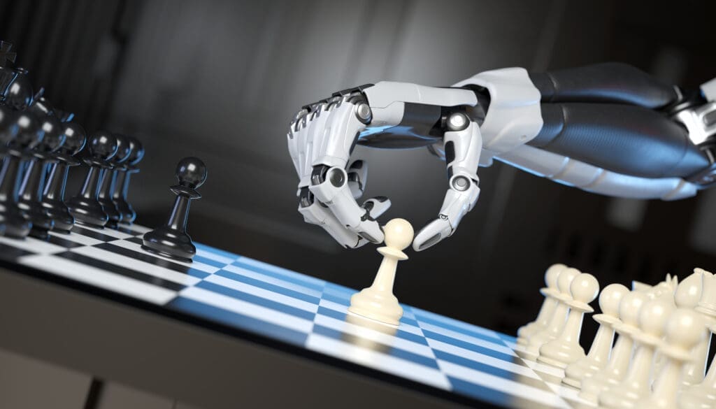 Mano robótica ejecutando un movimiento estratégico en una partida de ajedrez. La imagen simboliza la aplicación de la inteligencia artificial en la toma de decisiones complejas y la estrategia empresarial.