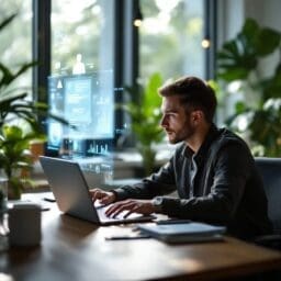 Hombre joven trabajando en una oficina moderna con laptop, frente a una pantalla hologrรกfica con grรกficos y datos de inteligencia artificial. Representa el uso de marketing con IAl para anรกlisis y automatizaciรณn.